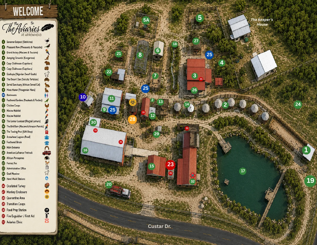 Illustrated map of The Aviaries at Arrowhead with numbered locations